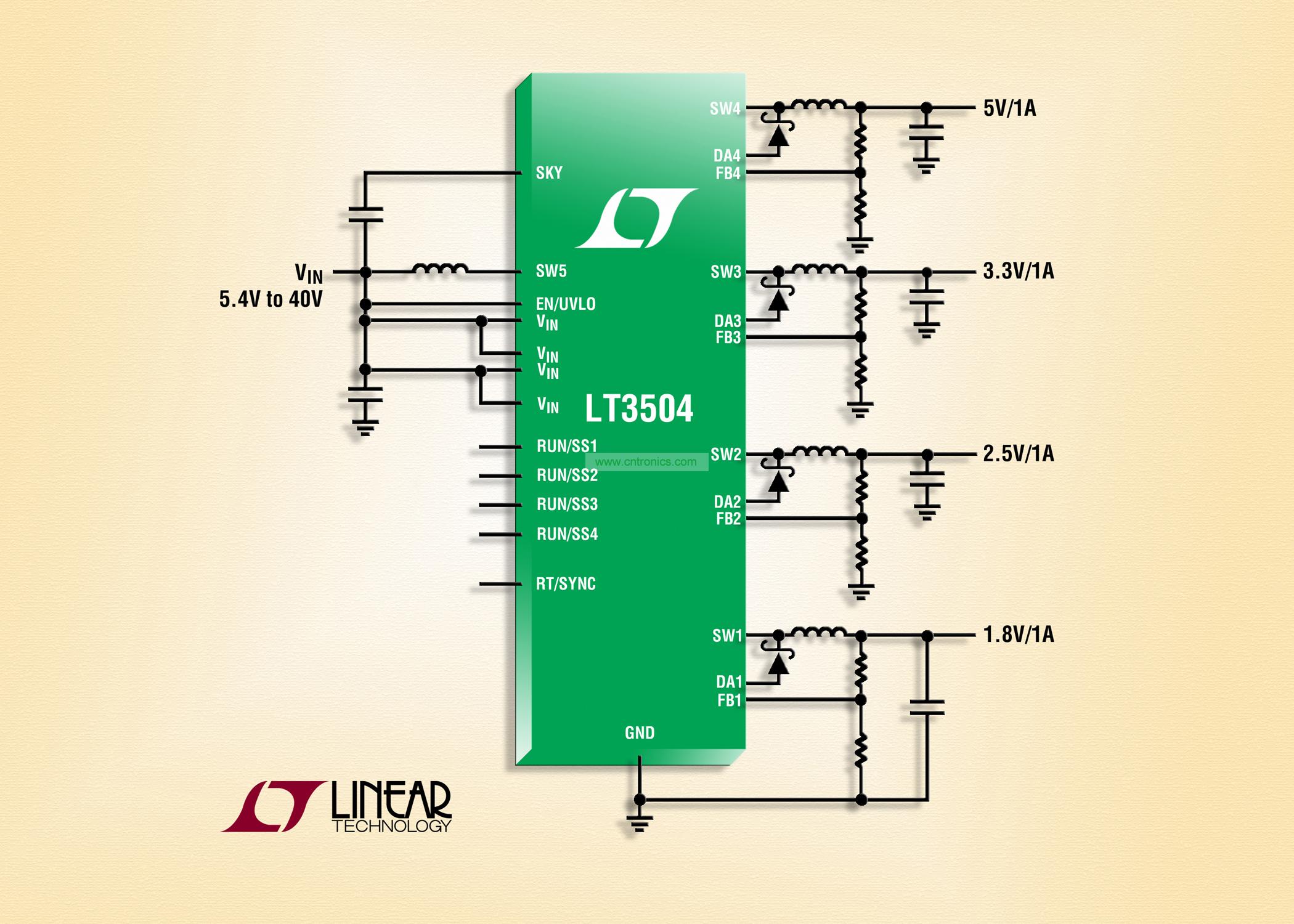 40V、4 通道 1A (IOUT)、2.2MHz 降壓型 DC/DC 轉(zhuǎn)換器