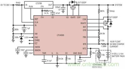 LTC4000 和 LTC3789：6V 至 36VIN、4 節(jié) 5A 鋰離子電池充電器
