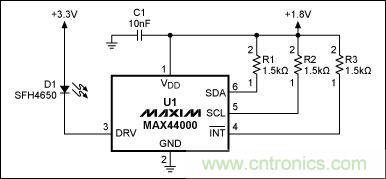 圖1：MAX44000典型電路，包括LED