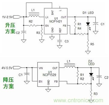 基于NCP1421的升壓型和基于NCP1529的降壓型1~3W手電筒LED應(yīng)用