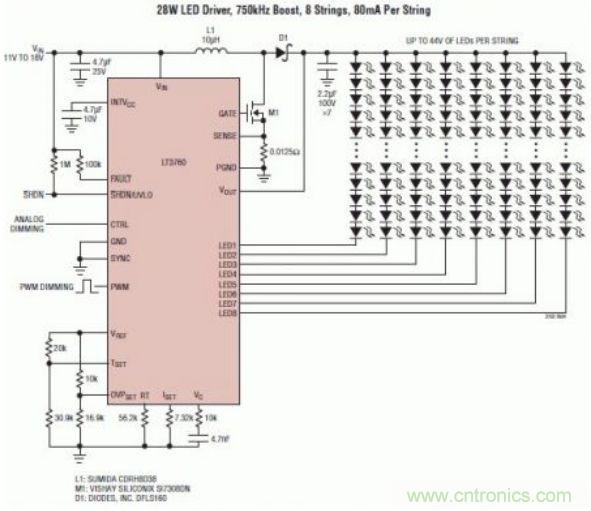 采用 LT3760、效率為 90% 的 28W LED 背光照明電路