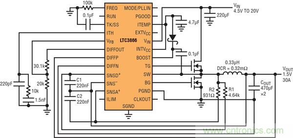 圖2：以非常低的DCR完成采樣的高效率、1.5V/30A降壓型轉(zhuǎn)換器