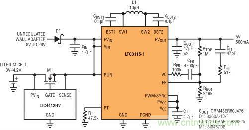 圖7：LTC3115-1與LTC4412HV相結(jié)合，以獲得由單節(jié)鋰離子電池和未穩(wěn)壓交流適配器提供的雙輸入5V電源