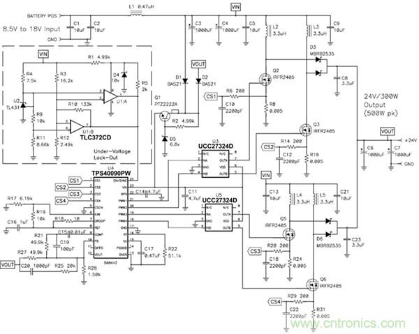 TPS40090 多相降壓控制器的 4 相、300W 升壓電源