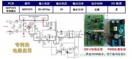 基于NCP1075開關(guān)穩(wěn)壓器和200 V預(yù)穩(wěn)壓器的極寬電壓范圍15 W參考設(shè)計。