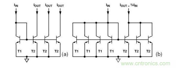 （a） 多級電流鏡 （b） 非整數(shù)比例電流鏡可將3個T2集電極結(jié)合起來，得到3IIN