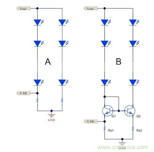 電流鏡 (B) 可針對簡單電阻器電流調(diào)節(jié) (A) 提供各種優(yōu)勢。