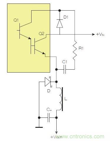 為了實現(xiàn)用兩個元器件提升電源轉(zhuǎn)換效率，芯片上應(yīng)有針對驅(qū)動器晶體管Q1集電極的單獨引腳。