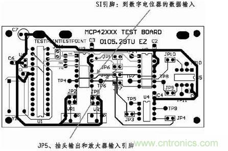 這是對圖2所示電路的第一次布線嘗試。此配置在模擬線路上產(chǎn)生不規(guī)律的噪聲，這是因為在特定數(shù)字走線上的數(shù)據(jù)輸入碼隨著數(shù)字電位器的編程需求而改變。