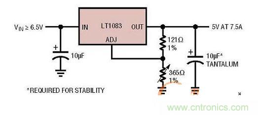 集成型線性穩(wěn)壓器實(shí)例：只有3個(gè)引腳的7.5A線性穩(wěn)壓器。