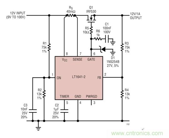 過(guò)壓瞬態(tài)保護(hù)器將輸出箝位在24V左右，如果輸入降至低于9V就斷接