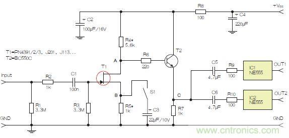 圖3：采用兩個(gè)工作在不同頻率下的555定時(shí)器電路，以獲取不同的音效。