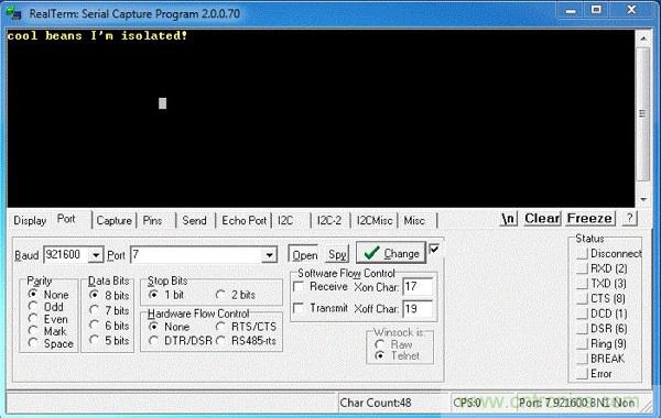  圖6：隔離型USB-to-UART轉(zhuǎn)換器的環(huán)回測試。