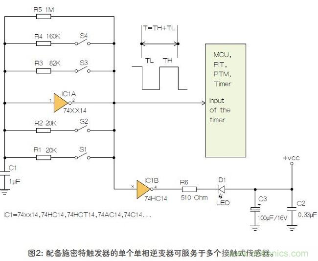 如何用單個(gè)施密特觸發(fā)器測量兩個(gè)電阻式傳感器或多個(gè)開關(guān)？