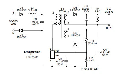 LinkSwitch-LP 系列旨在取代手機/無繩電話、PDA、數(shù)碼相機和便攜式音頻播放器等應用中輸出功率 < 2.5 W 的低效線頻線性變壓器電源。LinkSwitch-LP 還可用作白色家電等應用中的輔助電源。  LinkSwitch-LP 將高壓功率 MOSFET 開關與 ON/OFF 控制器集成在一個設備中。它完全由漏極引腳自供電，具有低 EMI 的抖動開關頻率，并且具有全面的故障保護。自動重啟可限制過載和輸出短路條件下的器件和電路耗散，而遲滯過溫保護會在熱故障期間禁用內部 MOSFET。EcoSmart 技術使設計能夠輕松實現(xiàn) < 150 mW 的空載功耗，滿足能源效率要求。  LinkSwitch-LP 的設計目的是在輸出功率低于 2.5 W 時無需初級側鉗位電路，從而顯著減少組件數(shù)量和總系統(tǒng)成本。圖 1 顯示了基于 LinkSwitch-LP 的 2 W 電源，不帶初級側鉗位。LinkSwitch-LP 系列經過優(yōu)化，當變壓器上的輔助或偏置繞組提供反饋時，可提供近似的 CV/CC 輸出特性。這非常適合取代工頻變壓器的應用，提供兼容的輸出特性，但過載、短路電流和輸入線電壓變化較小。  　  在無鉗位設計中使用 LinkSwitch-LP 的基本電路原理圖。  快速開始  　 LinkSwitch-LP 反激式設計流程圖